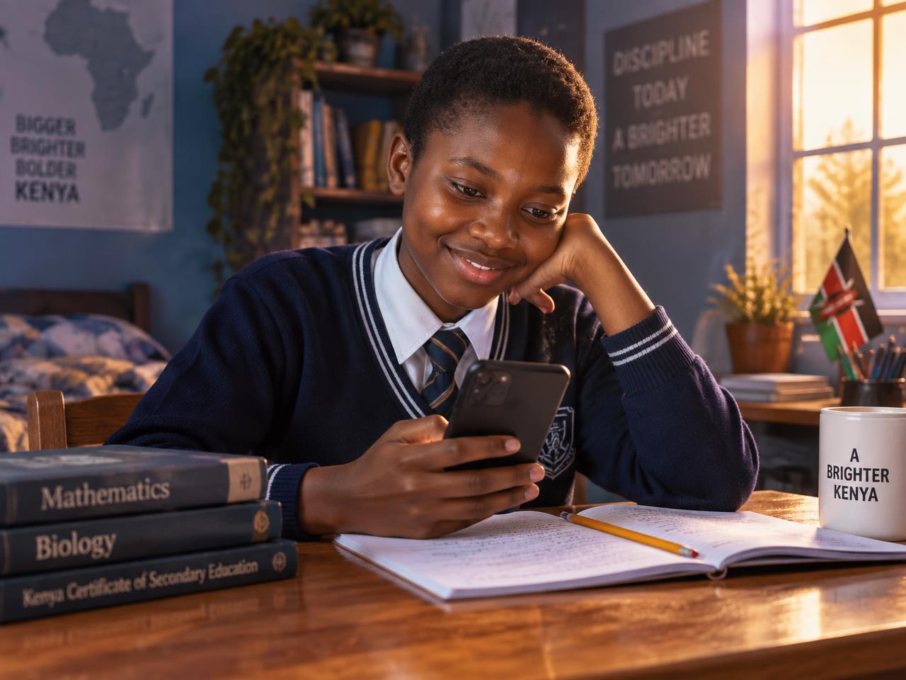 A secondary school learner in Kenya revising on a phone beside an open exercise book